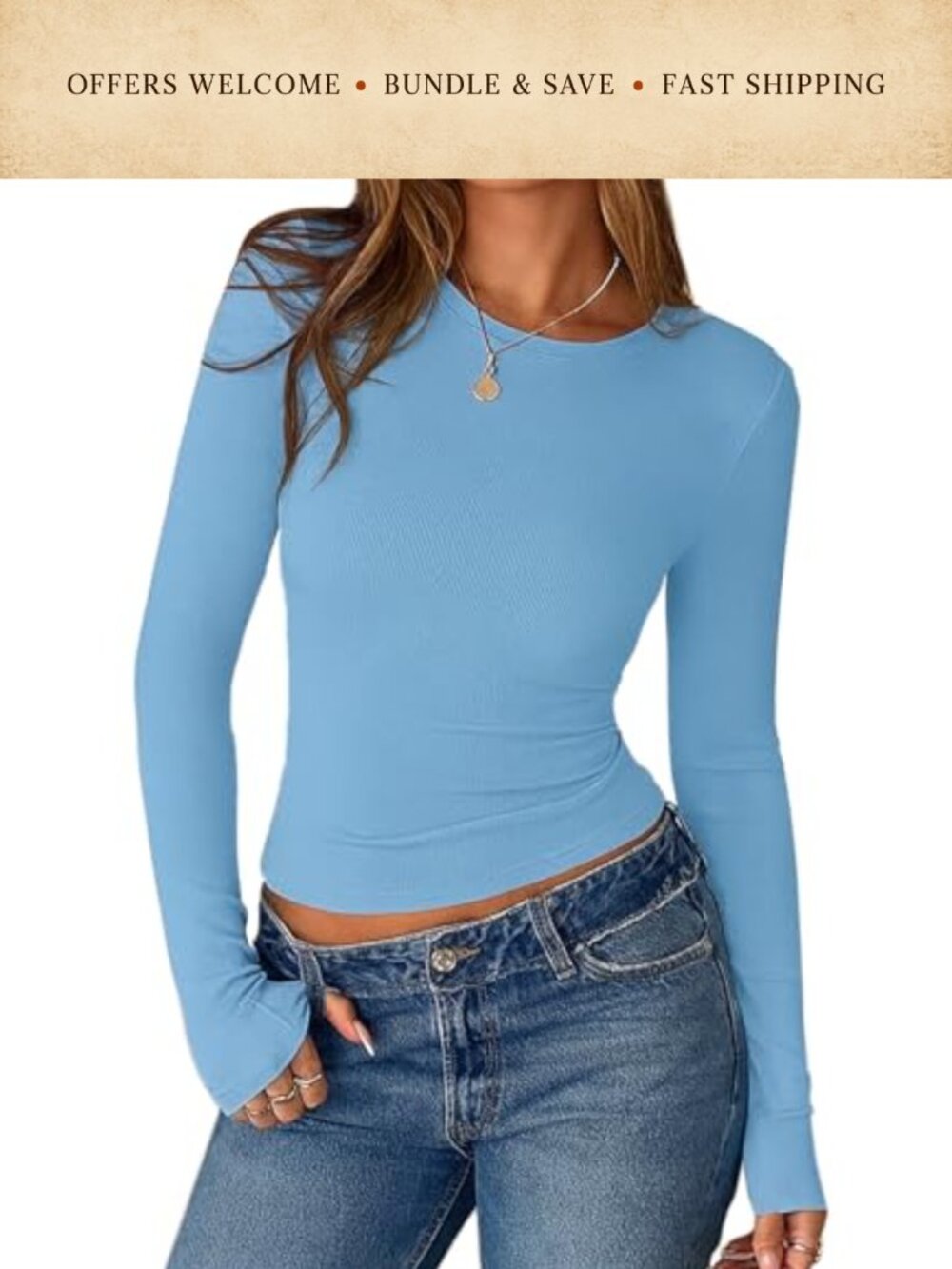 Womens Long Sleeve Ribbed Knit Crewneck Top Slim Fit Casual Tee